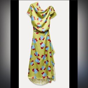 ISO Zara One Shoulder Silk Green Floral Dress